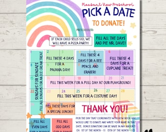 Peut inclure: Un tableau imprimable coloré avec un motif arc-en-ciel et des étoiles. Le tableau est intitulé "Choisissez une date pour faire un don !" et présente une grille de calendrier avec différentes activités pour chaque jour du mois. Le texte "Pleasant View Preschool" est en haut du tableau.