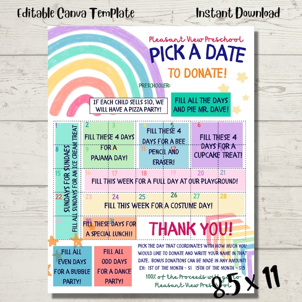 Pay a Day Calendar with Incentives Editable Canva Template PTA PTO Preschool Elementary Fundraiser