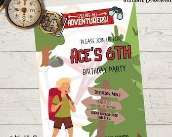 Adventurer Explorer Birthday Nature Hiking Camping invitation Boy Invitation Digital Download, Personalized 6th birthday canva template