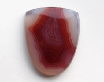 May include: A red and white agate cabochon with a starburst pattern. The cabochon is cut in a shield shape.
