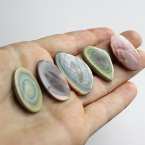 May include: Five polished, oval-shaped stones with a variety of colors and patterns, including green, brown, and pink. The stones are arranged in a row on a hand.