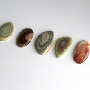 May include: Five polished oval-shaped stones with different patterns and colors, including green, brown, red, and white.
