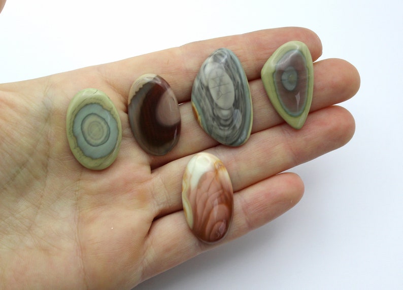 May include: Five polished oval-shaped stones with different patterns and colors, including green, brown, and white. The stones are arranged in a row on a hand.