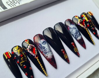 Black Gothic nails, Press on nails, Red Crystal Stiletto Nails, Alt, glue on nails, Acrylic nails, Extra Long nails, stick on nails, skulls