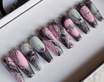 Pink Gothic nails, Grey Press on nails, false nails, stiletto, almond, square, coffin, ballerina, extra long nails, crystal nails, ombre