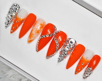 Orange Neon Fake Nails, Luxury Nails, False Nails With Crystal Press on nails, Long Stick on Nails, Almond Nails, Coffin Nails, Stiletto