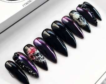 Skull Gothic Nails, Press on nails, Long Stiletto Fake Nails, Black hand painted false nails, glue on nails, Acrylic, Spooky Nails, coffin