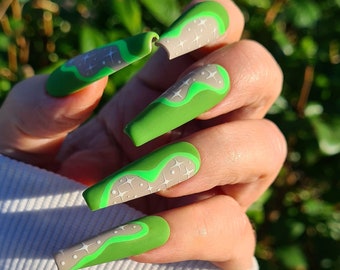 Swirl Green Nails, Matte False Nails, Handpainted press on nails, Stiletto Oval Almond Square Coffin Ballerina, Long, Medium, Short, false