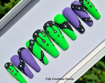 Green Long Coffin Nails, Press on nails, Purple Fake Nails, hand painted false nails, glue on nails, Neon nails, Galaxy Nails, Matte nails