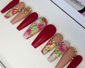 Long Red Press on nails, floral coffin false nails, matte nude nails, glue on nails, party acrylic nails, summer crystals nails, wedding