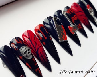 Skull Halloween Nails, Bloody Press on nails, Long Stiletto Fake Nails, hand painted false nails, glue on nails, Acrylic nails, Spooky Nails