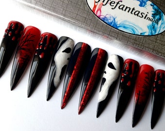 Scare Bloody Nails, Press on nails, Red Stiletto Fake Nails, Black hand painted false nails, glue on nails, Acrylic nails, Gel nails