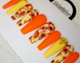 Long Yellow Press on nails, floral coffin false nails, matte orange nails, glue on nails, party acrylic nails, summer crystals nails, gift