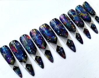 Extra Long stiletto Nails, Galaxy Nails, Witch nails, Fake nails,  Press on nails, Acrylic nails, Black nails, Gothic Nails