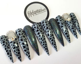 Grey Extra Long Stiletto Nails, Animal Print Nails, Fake nails,  Black false nails, Press on nails, Acrylic nails, Glue on nails,