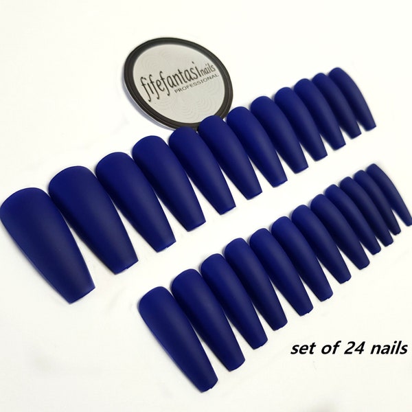 Dark Blue long Ballerina nails, glue on nails, acrylic nails, fast ship false nails, ready to ship, Party press on nails, set 24 nails