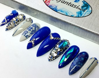 Cobalt Blue Long stiletto False Nails, Swarovski nails, Fake nails, White press on nails, Glue on nails, custom nails, Party nails, holidays