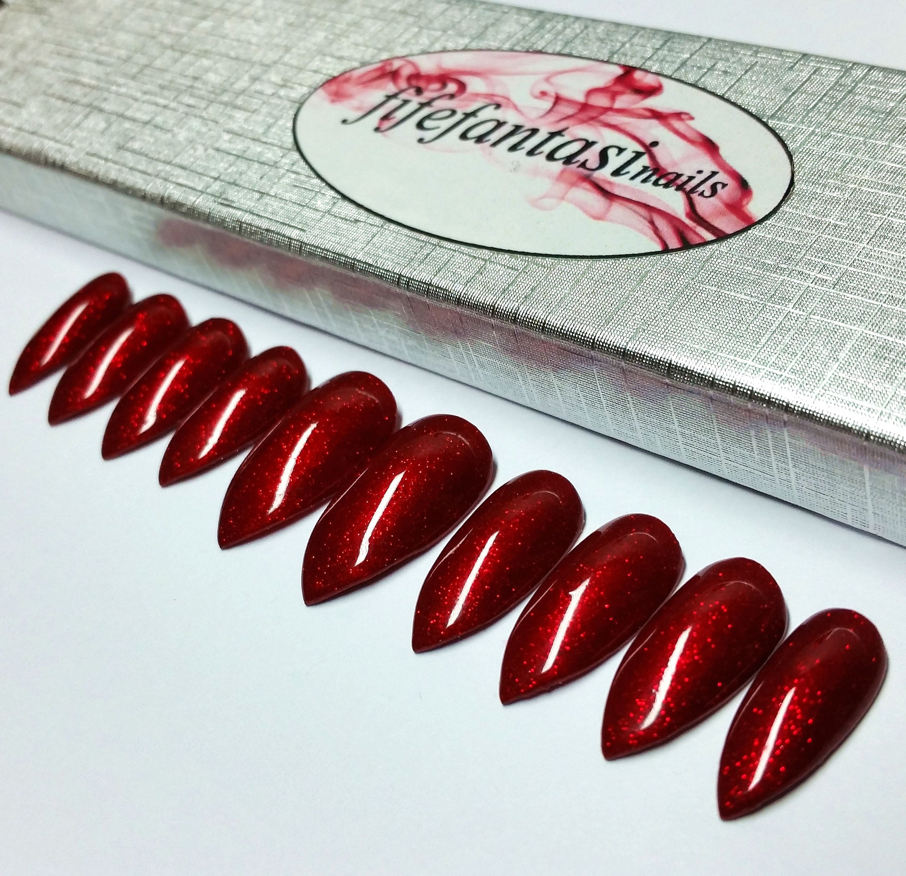 Red Glitter Stiletto Nails Press on Nails Glue on Nails | Etsy