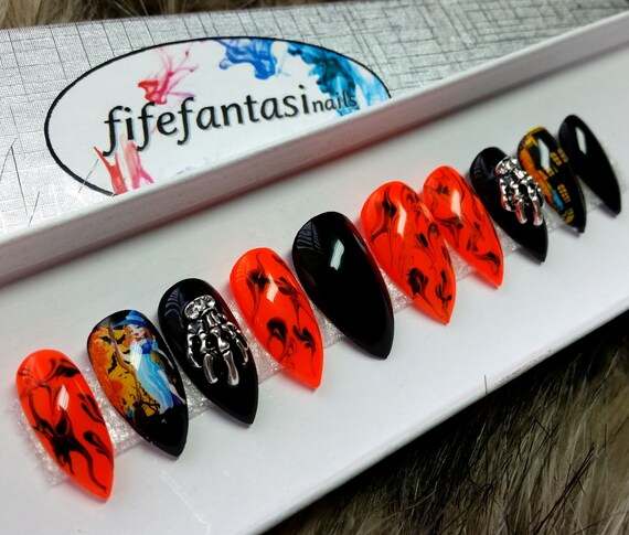 Black And Neon Orange Halloween Nails Witch False Nails Fake Etsy