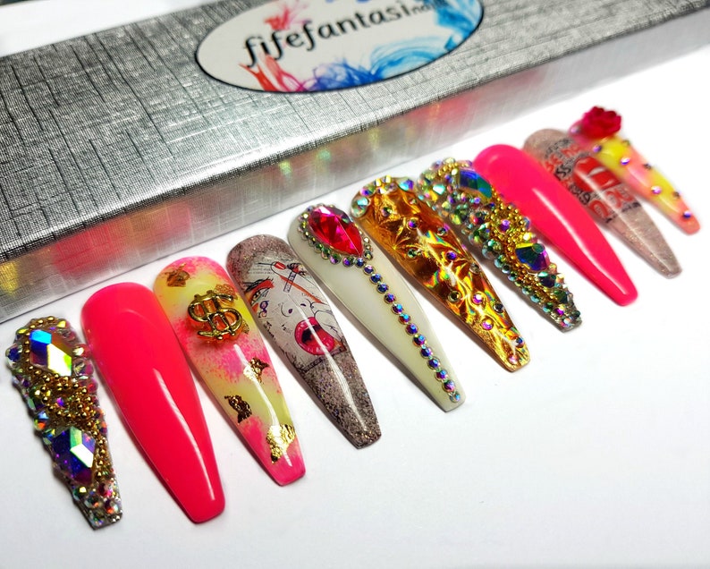Pink Extra Long Coffin Nails Swarovski Crystal Nails Press - Etsy