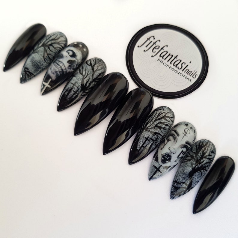 Skull Halloween Nails, Press on nails, Long Stiletto Fake Nails, Black hand painted false nails, glue on nails, Acrylic nails, Spooky Nails image 2