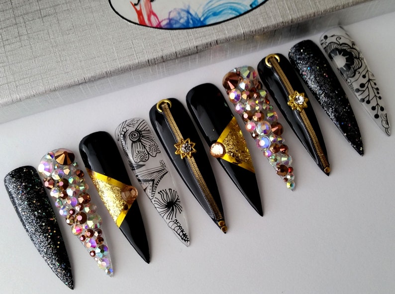 Extra Long Black Stiletto Nails with Gold and Swarovski | Etsy
