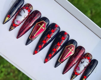 Red Coffin Halloween Nails, Press on nails, Long Stiletto Fake Nails, Black hand painted false nails, glue on nails, Spooky Nails, Gothic