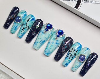Blue Press on Nails, Glamorous nails, Spa gift box, witch press ons, handpainted, y2k nails, rune, glue on nails, coffin, almond, Gothic