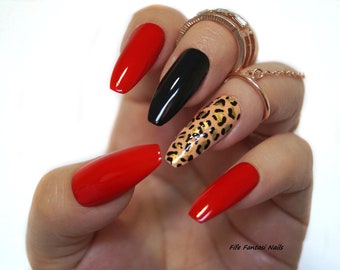 Red Coffin Nails Animal Print Nails Long Stiletto Nails Etsy