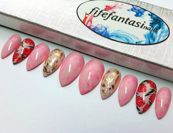 Pink Marble Floral Nail Art, Press on nails , False nails, Gold foil fake nails, acrylic nails, glue on nails