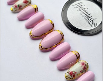Pink Short nails, Press on nails, Floral Stiletto Fake Nails, pink nails, glue on nails, gold nails, Rose nailart, stick on nails, gel nails