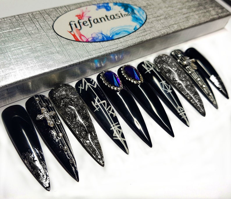 Black Gothic Stiletto Nails, Fake Nails, False nails, Swarovski nails, Nail art, press on nails, acrylic nails, glue on nails 