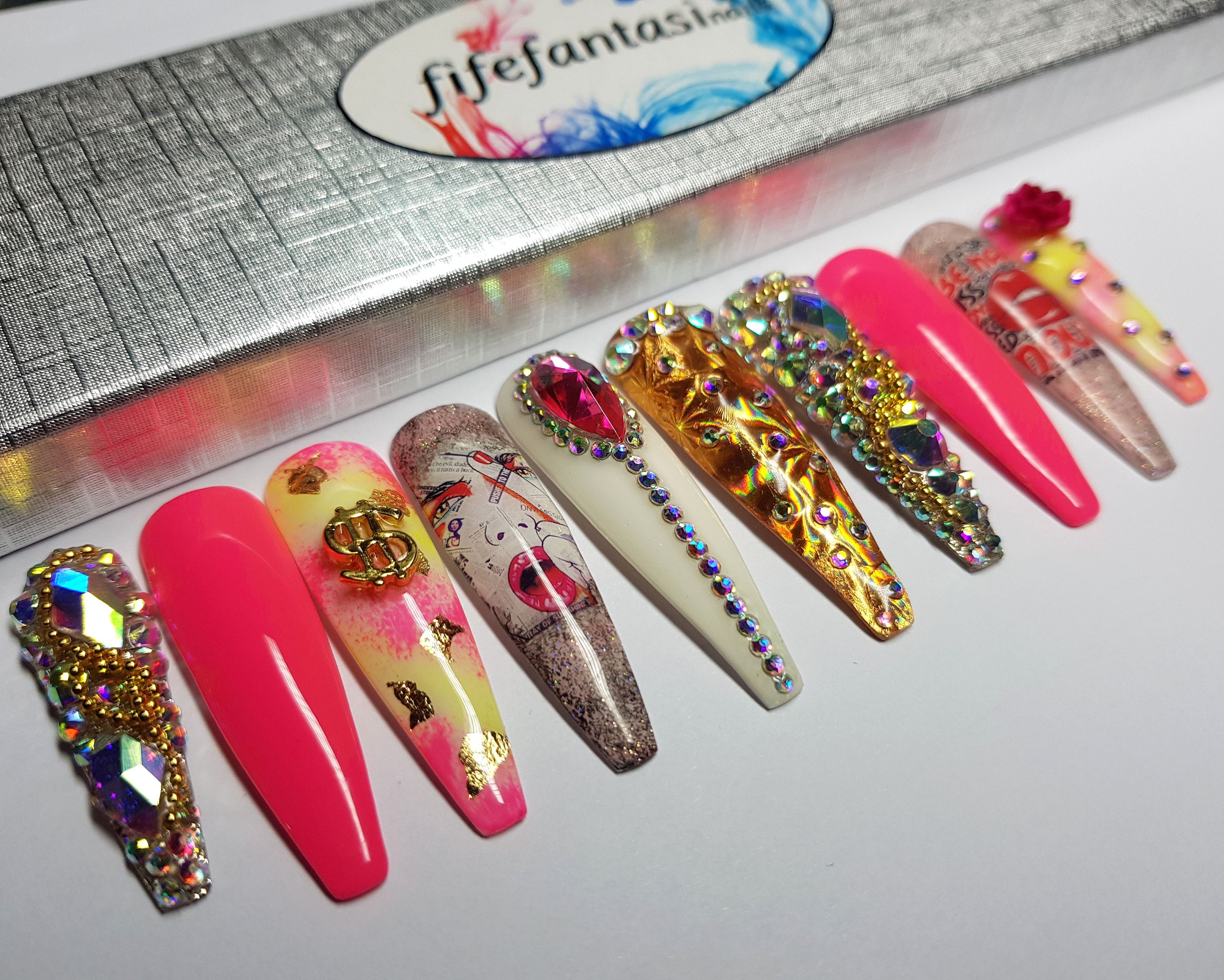 Pink Extra Long Coffin Nails Swarovski Crystal Nails Press - Etsy