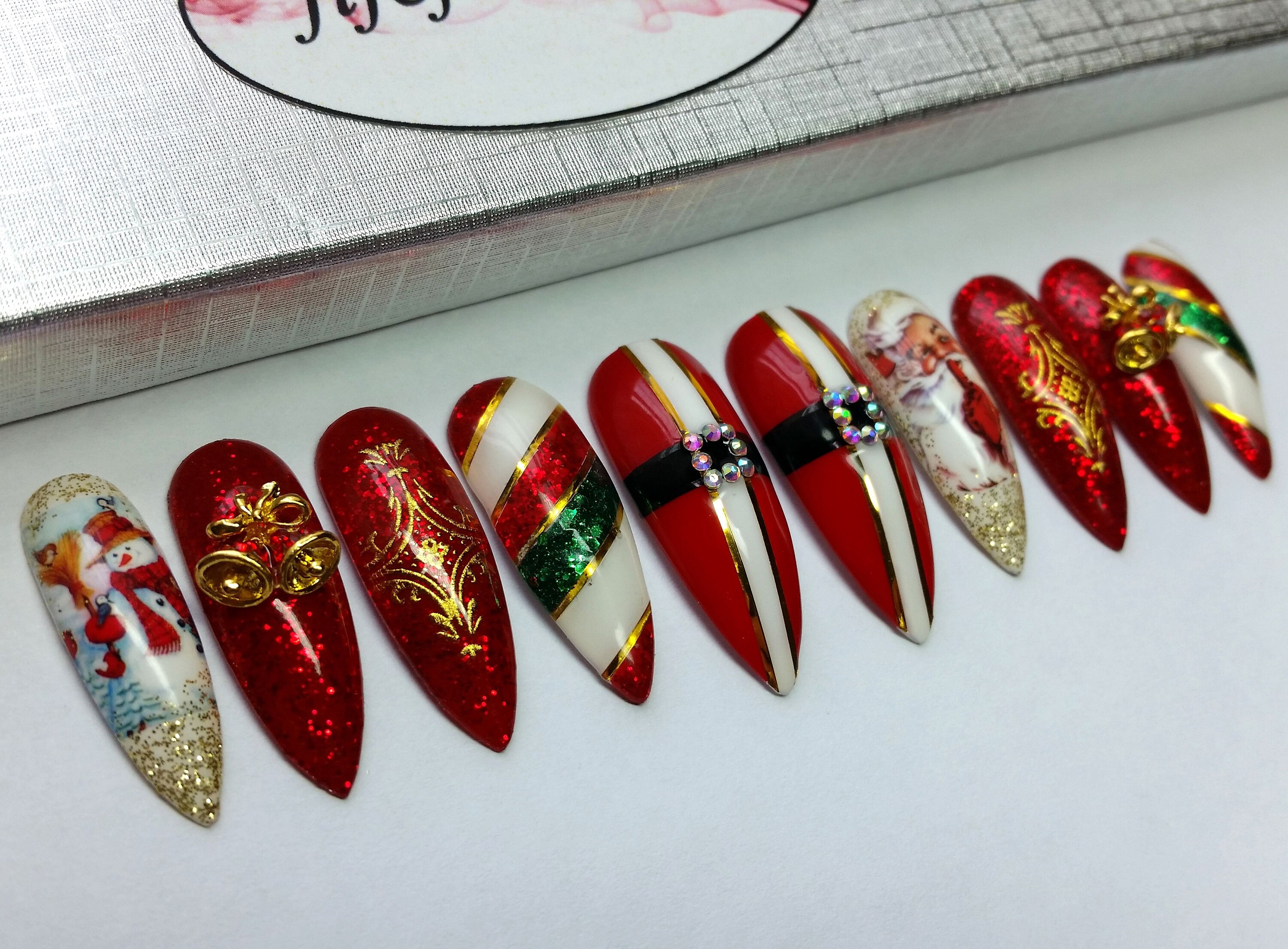 Christmas Red Long Stiletto Nails Gold and Green Glitter - Etsy UK