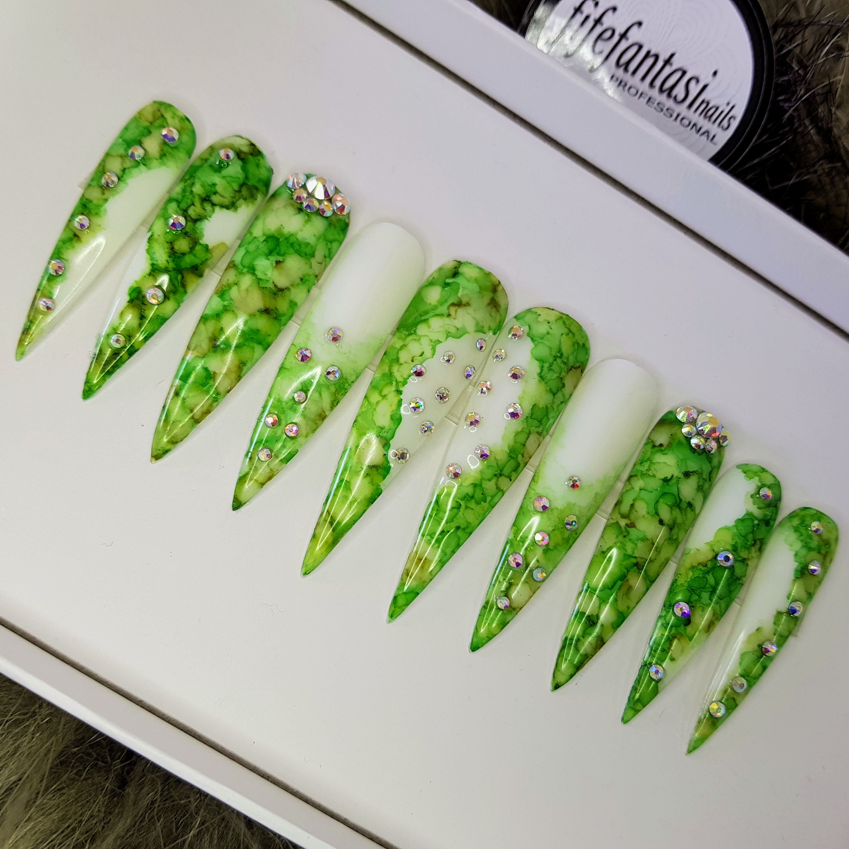Green Marble Press on Nails Long Acrylic Nails Glue on | Etsy