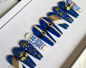 Christmas Blue Long Stiletto nails, Gold and White Glitter, False Nails, Fake Nails Coffin, Press on nails, Holiday Nail Art, Ballerina