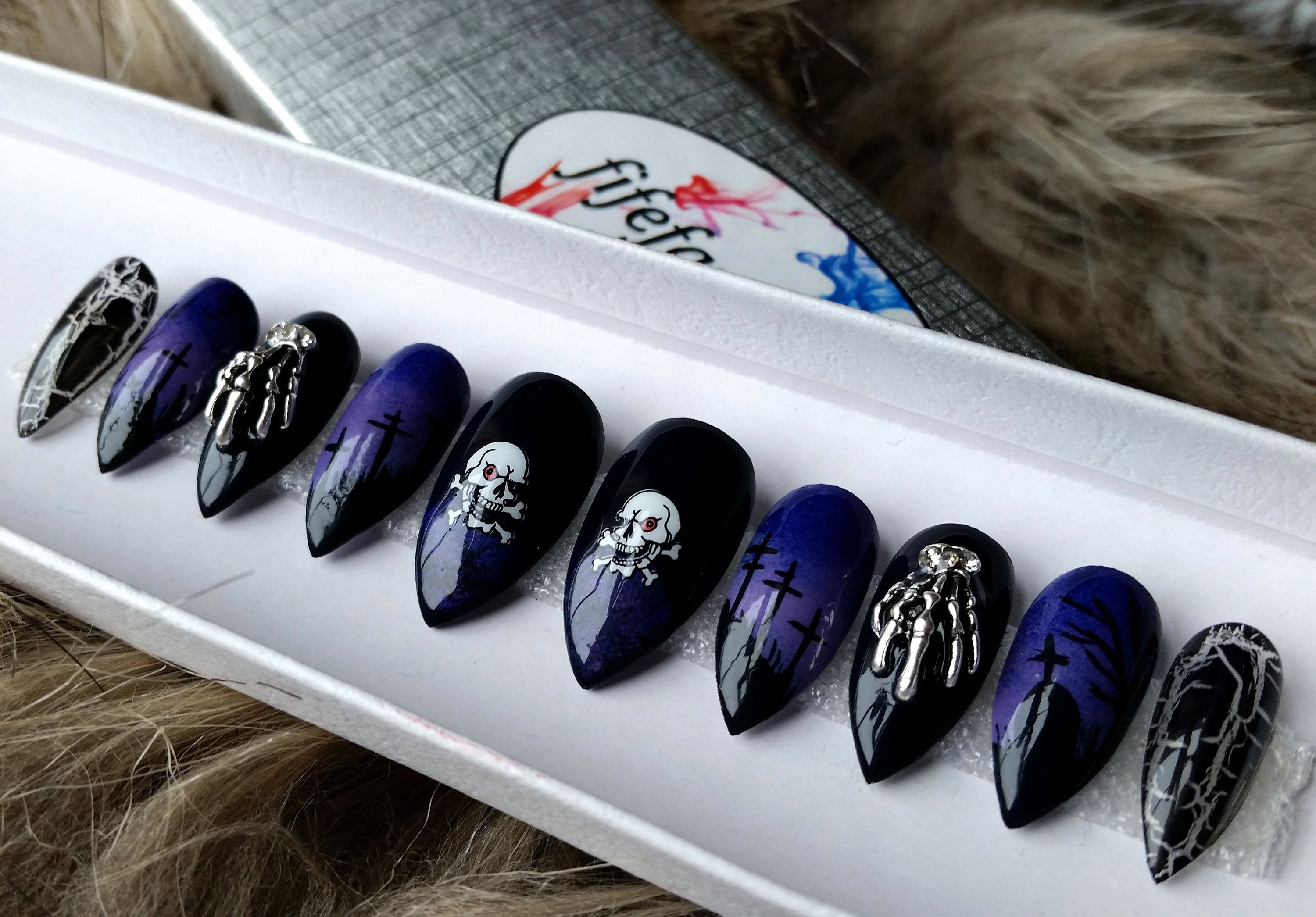 Skull and Grave Yard Halloween Nails Black and Purple Press | Etsy