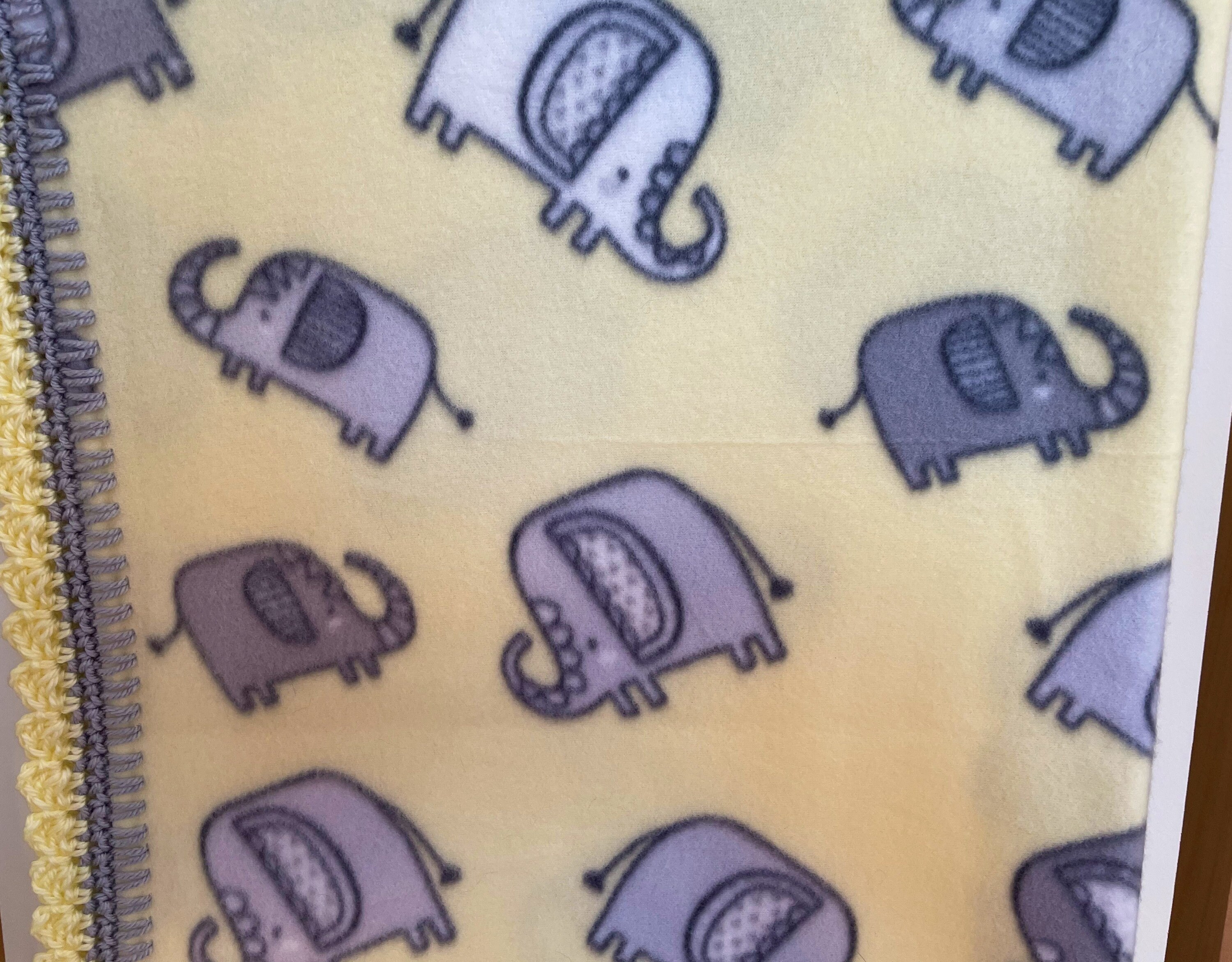 Elephants on Yellow Fleece Baby / Toddler Blanket With Crochet Border