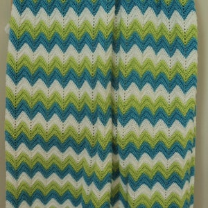 Baby Ripple, Chevron Afghan, Crochet Blanket, Throw  Bright Green, Turquoise, and White  READY TO SHIP