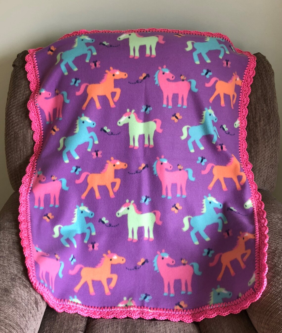 Purple Pony / Horse Baby Fleece Blanket With Pink Crocheted Etsy