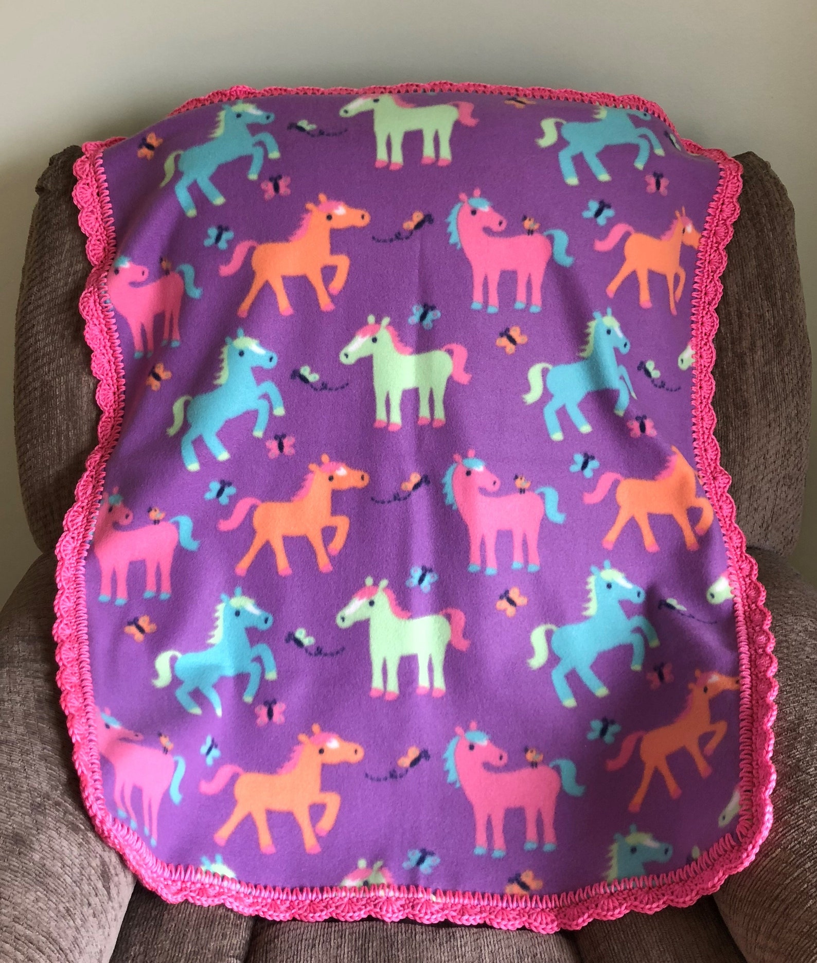 Purple Pony / Horse Baby Fleece Blanket With Pink Crocheted Etsy