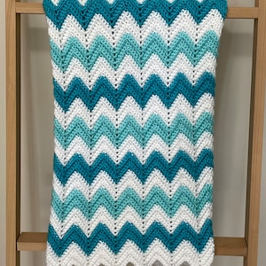 Turquoise and White Chevron Zig Zag Baby Afghan - Ready to Ship
