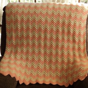 Baby Ripple, Chevron Afghan, Crochet Blanket, Throw  Peach and Cream READY TO SHIP