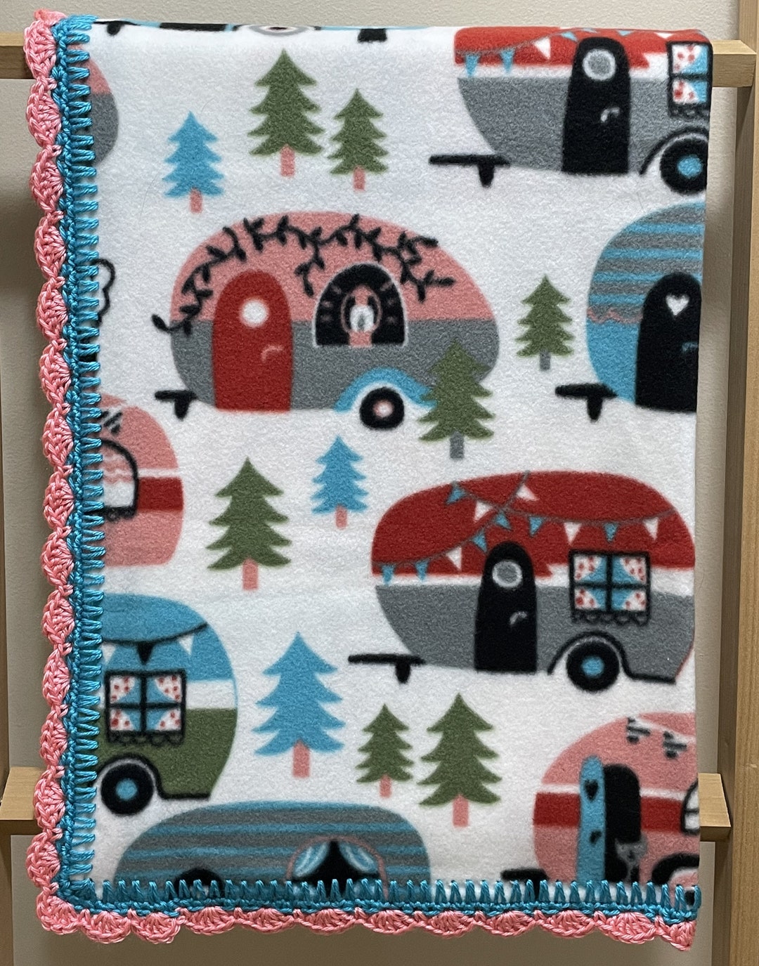 CAMPERS Baby / Toddler Fleece Blanket With Pink and Aqua Crochet Edging Ready to Ship Etsy