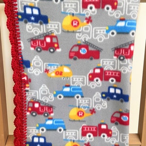 Emergency Vehicles Baby / Toddler Fleece Blanket with Crochet Border  Ready to Ship  Gray and Red Fire Truck, Ambulance, Police Car