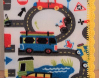 City Cars and Trucks and Road Baby / Toddler Fleece Blanket with Crochet Border  Ready to Ship