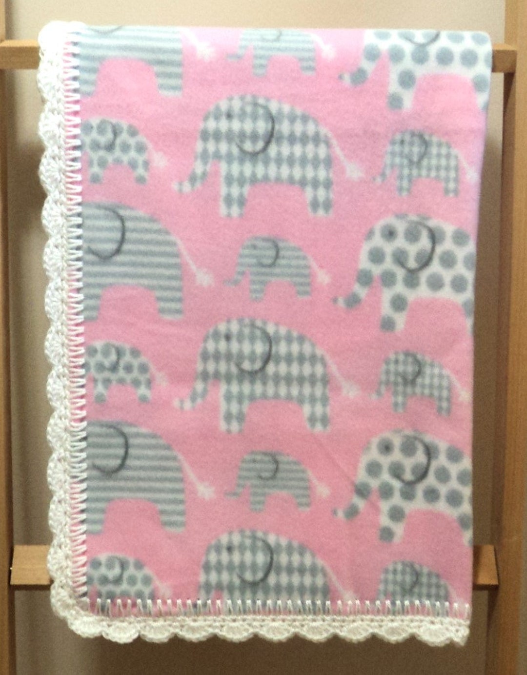 Gray Elephants on Pink Fleece Baby / Toddler Blanket With Crochet