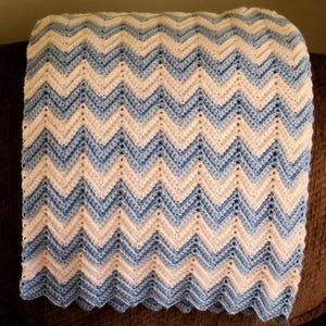 Baby Ripple, Chevron Afghan, Crochet Blanket, Throw  Blue and White  READY TO SHIP
