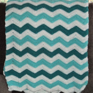Handmade Ripple, Chevron Afghan, Blanket, Throw  White, Aqua and Dark Aqua  READY TO SHIP