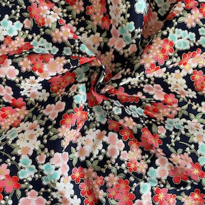 Craftuneed 2 Meter Schwarz Japanischer Sakura Kirschblüte Blumendruck Baumwollstoff für Kleid Nähen diy
